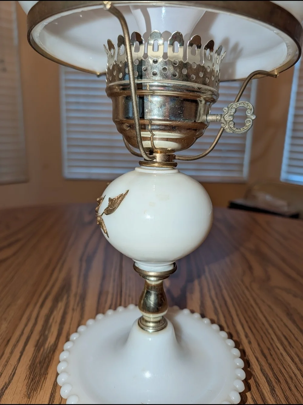 Vintage White Milk Glass Table Lamp with Gold Leaf Accents